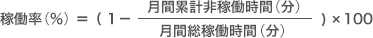 稼働率(%)=(1 - 月間累計非稼働時間(分)/ 月間総稼働時間(分))× 100